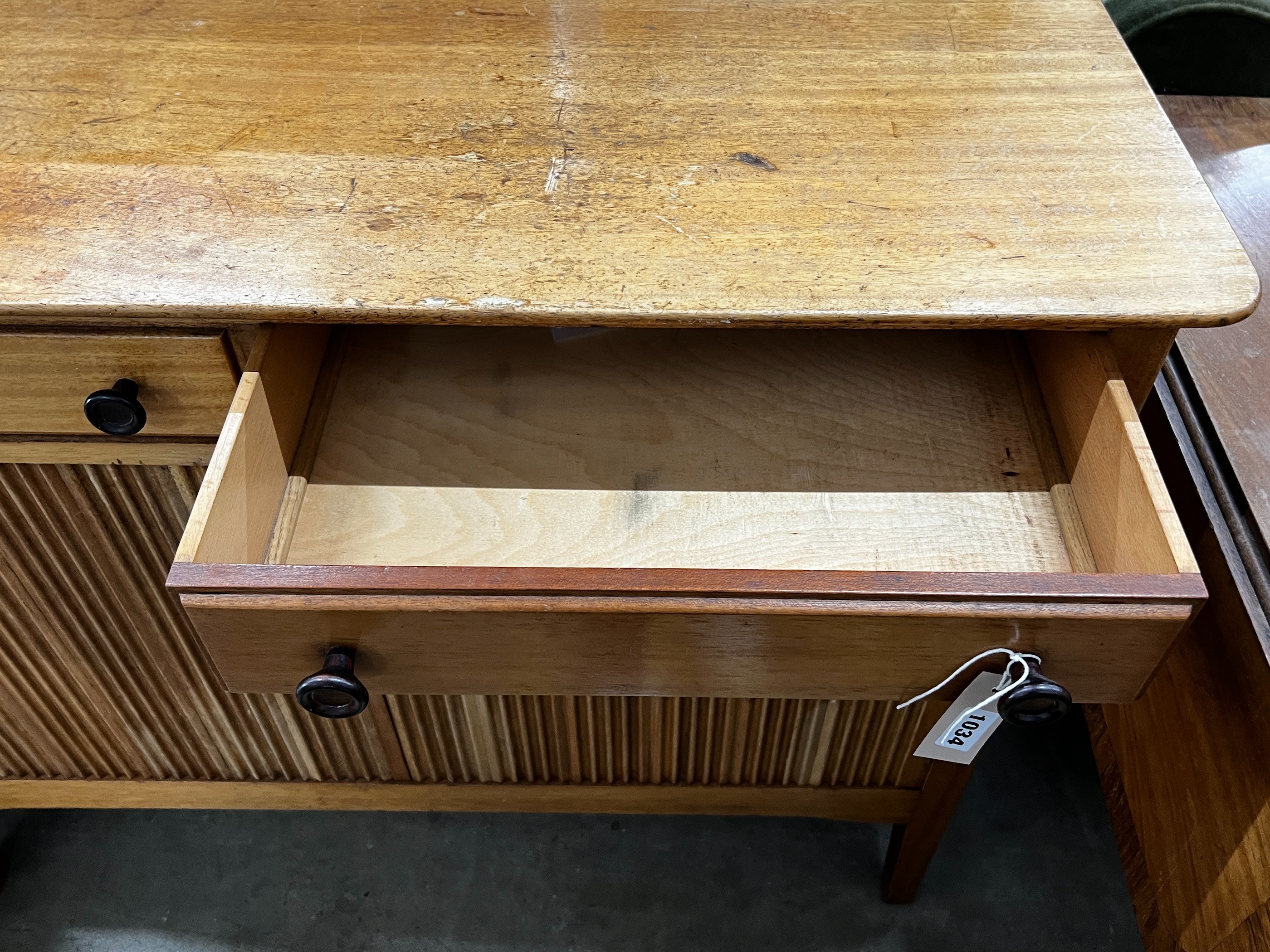 A mid century teak small sideboard, width 114cm, depth 43cm, height 89cm